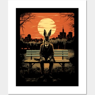 Rabbit on Park Bench, Moon, Bunny Lovers Posters and Art